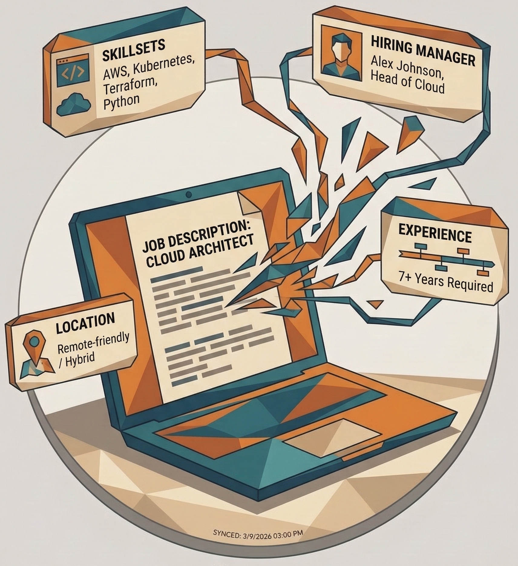 A laptop parsing a job description into structured data: skillsets, hiring manager, location, and experience requirements